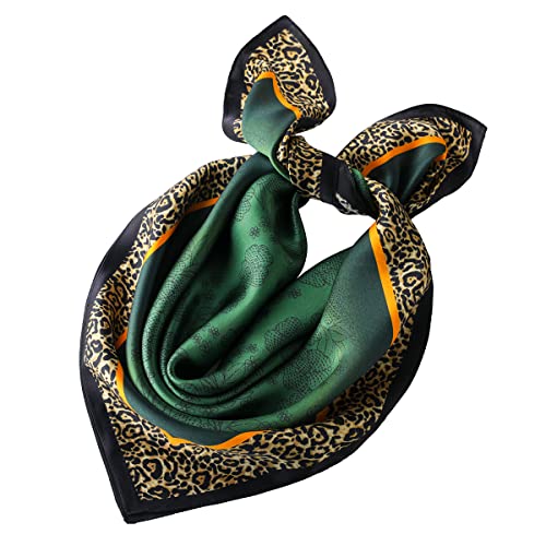 STARWHISPER 100% Pure Mulberry Silk Square Scarf-27''x27 Lightweight Hair Scarves Headscarf Night Sleeping with Gift Packed - color: Green Leopard