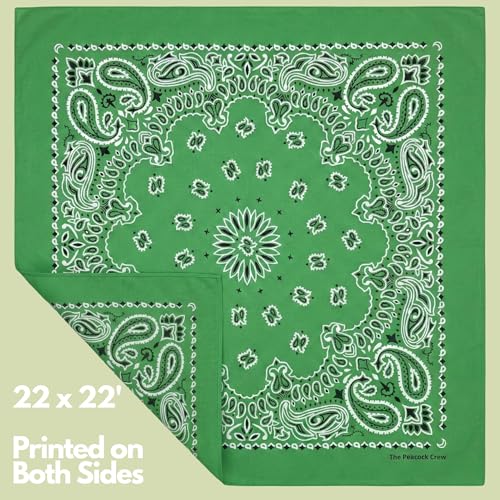 The Peacock Crew Premium Soft Cotton Bandanas Pack for Men and Women Paisley 22 x 22 inches - color: Pack of 10 Golf Green