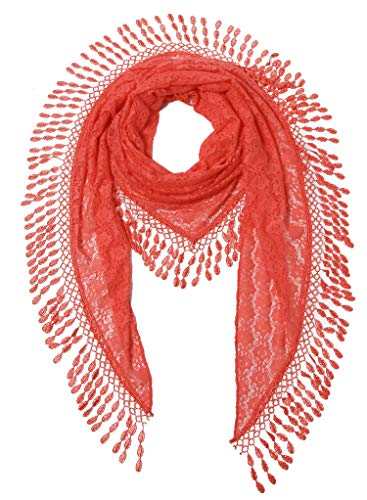 Cindy & Wendy Floral Embroidered Lace Triangle Scarf for Women - color: Coral