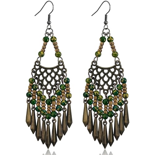 Handmade Vintage Bronze Bohemian Long Tassel Colorful Bead Dangle Drop Earrings Big Tribal Chandelier Geometry Hook Earrings for Women Statement Jewelry Gifts - color: Green