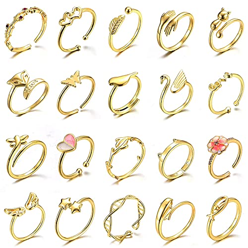 TAMHOO 20 Pcs Adjustable Rings Set for Women - Finger Rings Pack Stackable Rings for Teens- Cute Rings for Teen Girls -in Gold and Silver Tone - color: #1-gold tone