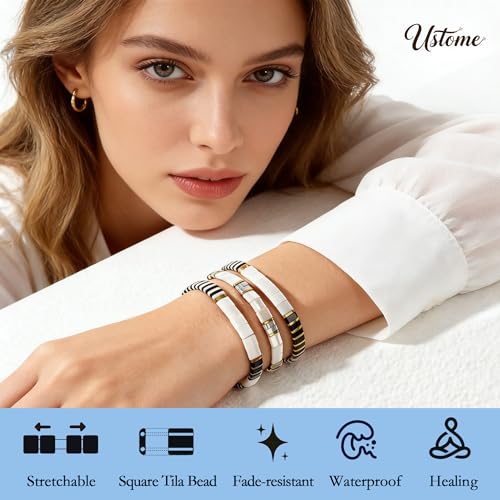 Tila Flat Square Stack Beaded Bracelets Set for Women Men, Boho 3Pcs Romantic Handmade Healing Gold Colorful Stretch Accessories Jewelry, Daily Vacation Party Holiday Friendship Gift - color: Black White