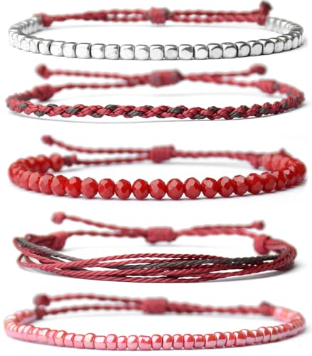 Mezcla Vida Handmade Waterproof Rope Bracelets Pack String & Beaded Bracelet Stack - Set of 5 Stackable Bracelets For Women, Summer Accessories & Bohemian Bracelets for Teen Girls - color: Dark Red