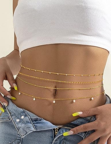 Tornito 8Pcs Waist Belly Chain CZ Heart Pearl Snake Bead Sequin Paperclip Belly Chain Summer Beach Sexy Body Chains Jewelry Accessories for Women Adjustable - style: B:8Pcs(Bead)