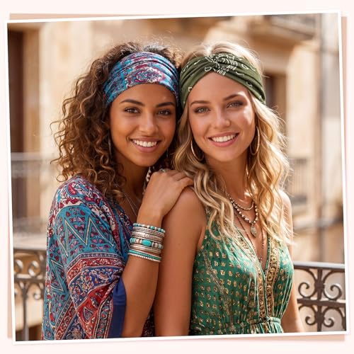 obeoby Boho Headbands for Hair Care, Non Slip Extra African Wide Hair Wrap Covering Thinning Hair Turban Headband for Boho Dresses - color: Bohemia
