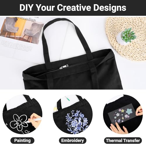 Segarty Black Canvas Tote, 12 Packs 16x15 inch Canvas Bags with Zipper, 12Oz Heavy Duty Reusable Plain Grocery Shopping Totes for Women Crafts Painting Embroidery, Gift Bags Bulk - size: 16.5"x13.4"x3.9", style: Black_12pcs