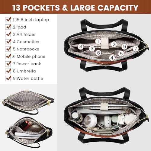 LOVEVOOK Laptop Bag for Women 15.6 inch,Diamond Quilted Work Tote Bags Womens Computer Shoulder Bags,Stylish Travel Tote Bags Laptop Purse Briefcase Handbag with Clutch Purse,Brown-Black-White - color: Brown-black-white Apricot(quilted), size: 15.6 Inch