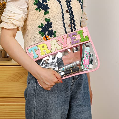 DYSHAYEN Chenille Letter Clear Zipper Pouch for Travel,Nylon Clear Cosmetic Bag,Makeup Travel Bag for Women Girls 11.8 Inches x 8.2 Inches - color: Pink-Travel