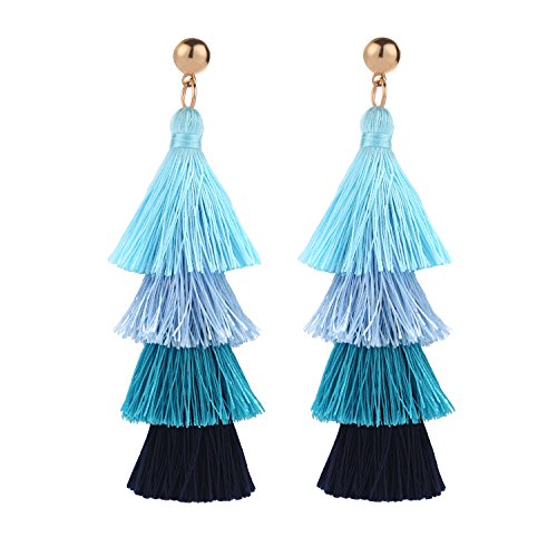 BaubleStar Tassel Earrings Handmade Tiered Thread Tassel Dangle Earrings, Multi Colors - color: Blue Ombre