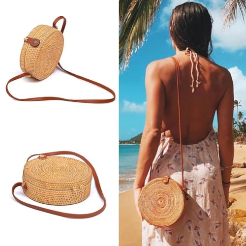 Boho Rattan Crossbody Bag, Handwoven Round Rattan Bag Purse for Women, Tote Basket Circle Boho Bag for Travel Summer Picnic - style: Rattan Bag With Non-adjustable Strap
