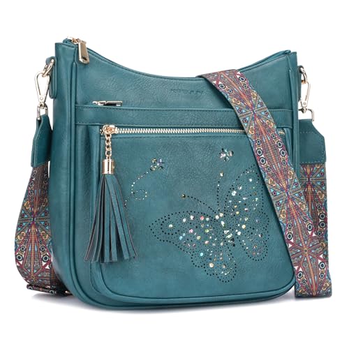 KITEVIUN Medium Crossbody Bags for Women Trendy, Women's Butterfly Shoulder Handbags with Tassel - color: 02-peacock Blue