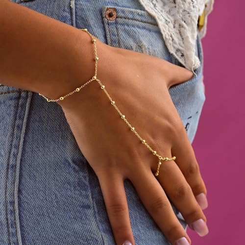 Hand Chain Bracelet for Women Trendy, Dainty Silver Beaded Finger Ring Bracelet Non Tarnish Minimalist Adjustable Simple Cute Silver Bracelets Waterproof Fashion Jewelry - color: Gold-01
