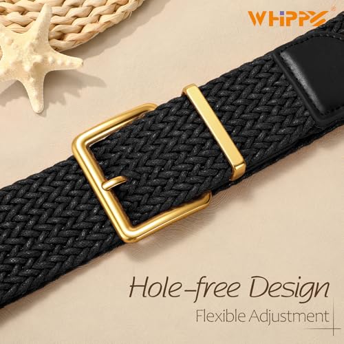 WHIPPY Women Wide Woven Belt Fashion Boho Rattan Braided Belt with Gold Buckle Raffia Straw Woven Waistband for Dresses - color: Black, size: Fit Waist Size 25"-29"