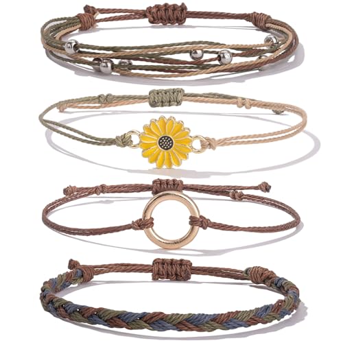 FANCY SHINY Easter Gifts Basket Stuffers Sunflower String Bracelet Boho Braided Rope Wrap Bracelets Cute Summer Beach Surfer Jewelry for Women - color: Neutral