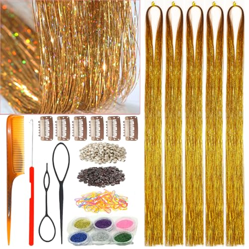 Celinebella Bronze Gold Hair Tinsel, 48" 5 Bundles 1250 Strands Fairy Hair | Shimmering bronze copper metallic strands, lightweight, heat safe to 320°F, ideal for Christmas holiday & daily wear - color: 15-Bronze Gleam, size: 48 Inch Pack of 5Pcs