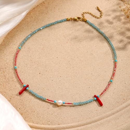 Turquoise Choker Necklace for Women, Western Crystal Bead & Pearl Necklace with Adjustable Chain Natural Stone Energy Jewelry, Boho Beaded Choker for Gifts - color: Turq Red Blue