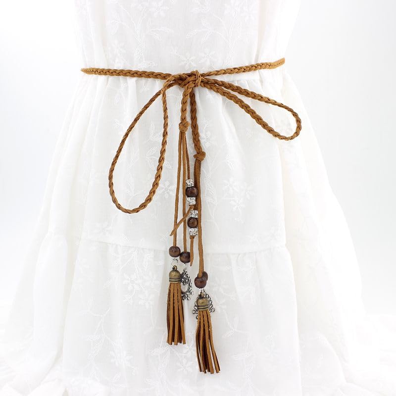 Women's Waist Belts Woven Tassels Chain Belt Skinny Rope Belt for Skirt Dress Boho Style - color: Kaki