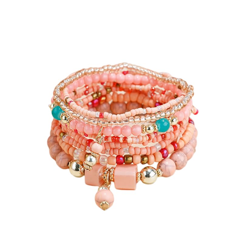 LSxAB Women Multilayered Beads Bracelet Set Stackable Boho Style Beaded Stretch Strand Wrap Birthday Jewelry - style: Pink 8PC