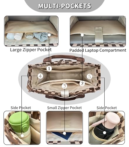 Large Canvas Tote Bag for Women Work Tote Bags with Pockets Laptop Crossbody Purses Everyday Bag Handbags for Travel - color: New Upgrade Plus Brown Checkerboard