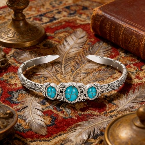 Genuine Turquoise Bracelet Cuff Bracelet for Women Mom 925 Sterling Silver Natural Turquoise Bangles Vintage Bracelet Boho Jewelry for Birthday Christmas Mother's Day Valentine's Day - style: Feather 2