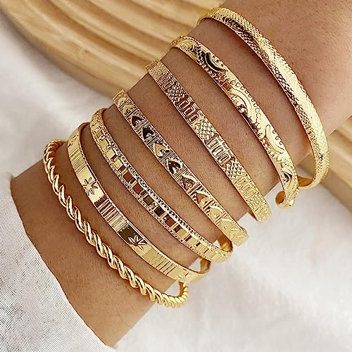 Boho Engraved Cuff Bangle Bracelets for Women Multi Layer Stackable Textured Bracelet Adjustable Bangles Fashion Bohemian Indian Jewelry Set