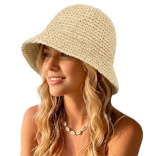 Straw Bucket Hat for Women Foldable Summer Beach Sun Hats Wide Brim Crochet Floppy Hat for Vacation Travel Shade & Style - color: Beige-a