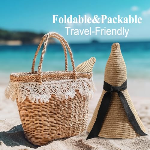Womens Beach Sun Straw Hat with Straw Belt UV UPF 80+ Travel Foldable Brim Summer UV Hat Stretch Boho Belt for Dress - color: Khaki, size: X-Small