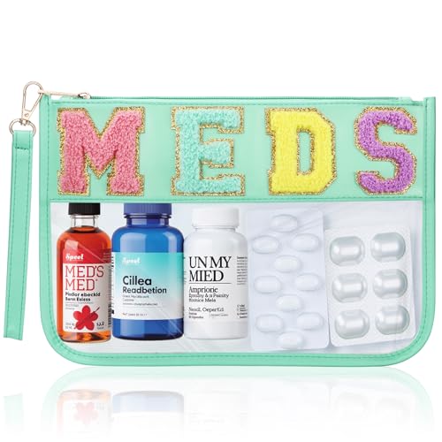 BuyCard Chenille Letter Clear Medicine Bags, Makeup Meds Bags, Preppy Patch Cosmetic Bag with Zipper and Wristlet, Waterproof PU&PVC Toiletry Medicine Storage Case, Portable Travel Drugs Pills Pouch - color: Green-Meds