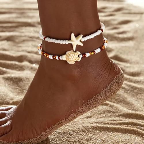 Qceasiy Shell Ankle Bracelet Set for Women, Gold Plated Boho Bead Adjustable Anklet, Hawaiian Beach Seashell Pearl Heart Starfish Conch Foot Jewelry Gifts - color: Turtle 2Pcs