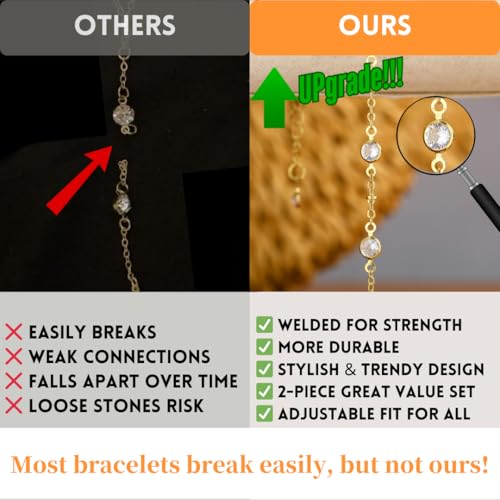 Gold Bracelets for Women, 14k Gold Plated Hand Chain Bracelet, 2 Pcs Ring Bracelets for Women Trendy Dainty Cubic Zirconia Bracelet Ring Bracelet Hand Jewelry Adjustable 6.3'+2' - style: 3 CZ-2 Pcs