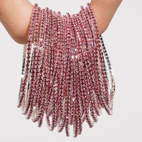 14K Gold Plated Dainty 10Pcs Colorful Cubic Zircon Crystal Beaded Adjustable Stackable Stretch Sparkling Tennis Chain Bracelet Set Birthday Wedding Jewelry for Women - color: pink