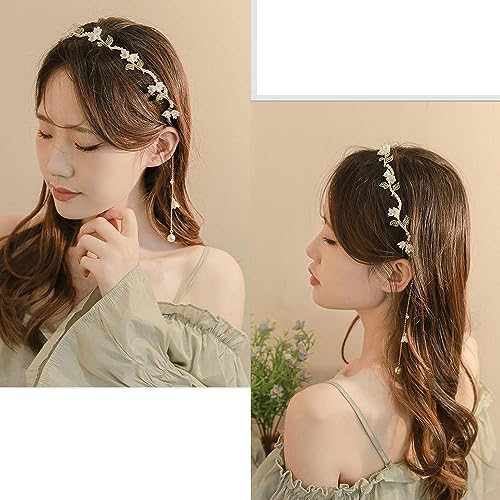 AHONEY Flower Headband for Women Girls Hair Vine Gold Leaf Boho Headband Wedding Fairy Accessories Headpiece Bridal Crown (Floral) - color: Green