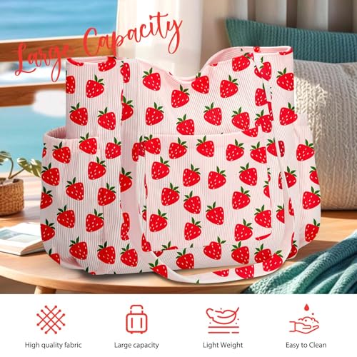Corduroy Tote Bag for Women,Large Capacity Cute Tote Bags With 6 Pockets,Crossbody Shoulder Handbag for Work Travel Gym - color: Strawberry