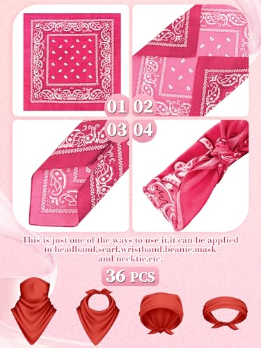 Unittype 36 Pieces Paisley Bandana Cowboy Bandanas Sports Novelty Headband Square Scarf Outdoor for Western Party Costume - color: Black, White, Pink, Rose Red, style: Simple Style