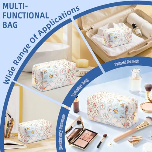 Small Makeup Bag Quilted Cosmetic Bag Floral Travel Toiletry Bags for Women Cute Pencil Case Quilted Makeup Pouch Aesthetic Coquette Cosmetic Pouch Cotton Make Up Bags Cute Zipper Pouches Blue - color: Ab-flower bee