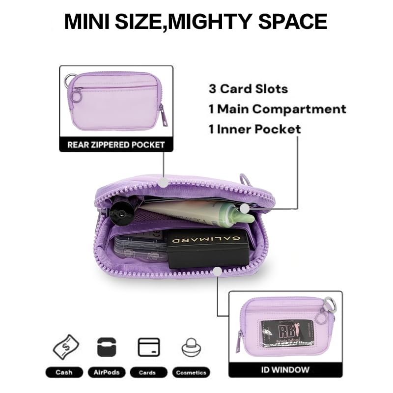 Wristlet Wallet for Women Mini Zip Card Case with Clear ID Window Zipper Coin Purse Lightweight Portable Keychain Wallet - color: Purple