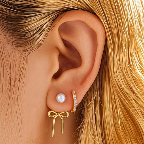 6 Pairs 14K Gold Plated Stud Earrings for Women, Hypoallergenic Cartilage Earrings for Multiple Piercing, Dainty Small Stackable Earrings Set for Jewelry Gift - color: Gold-Bow+pearl