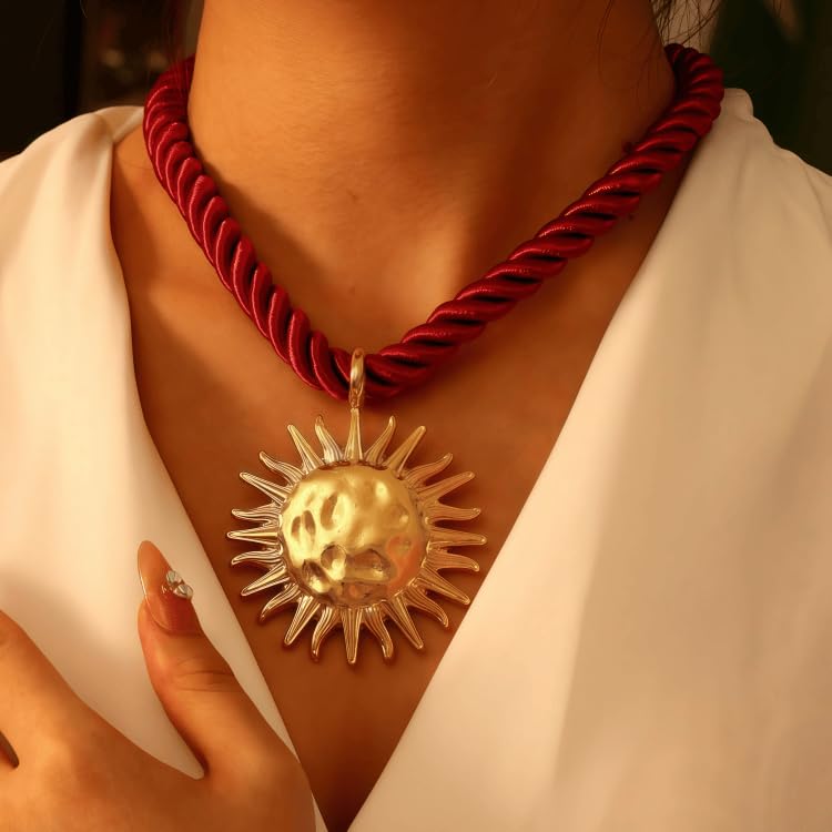 Exquisite Gold Sun Pendant Red Rope Necklace - Retro Round Coin Necklace - Ladies