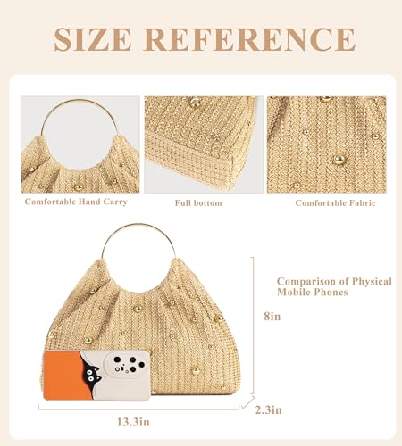 KingTo Straw Beach Bag for Women, Boho Raffia Handbag with Ring Handle | Hand-woven straw texture, gold studs, metal ring handle and magnetic closure lift beach, resort and summer looks
