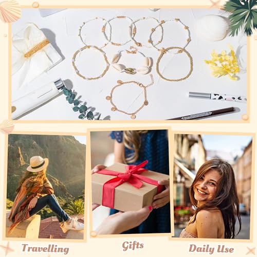 Y1tvei Shell Ankle Bracelet Set - 8Pcs White Gold Beaded Stretch Braceletst for Women, Seashell Starfish Charm Jewelry for Beach, Gold Beads Rice Beads Alloy Accessories Jewelry Gift for Summer