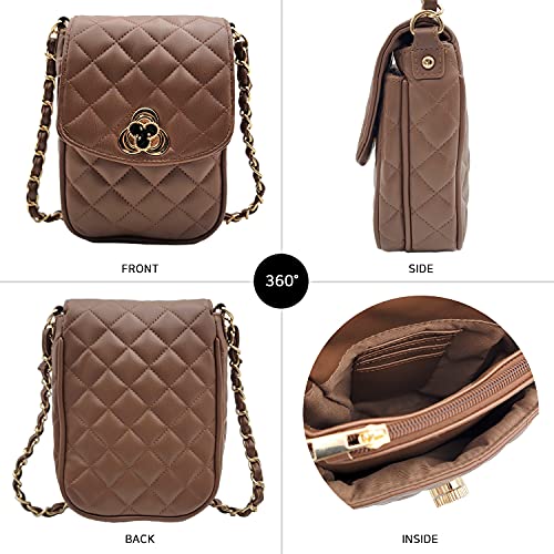 Phone Crossbody Bags for Women Small Vegan Leather Mini Shoulder Wallet Card Quilted Purse - color: C - Brown & Gold