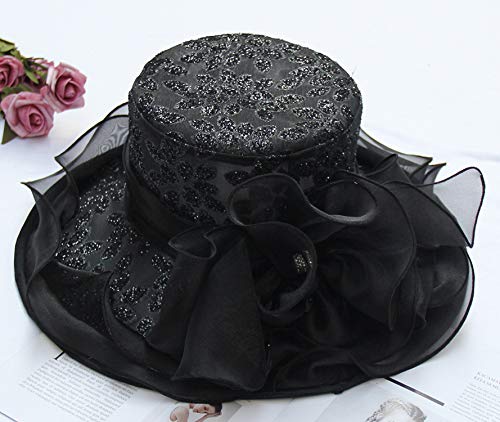 ORIDOOR Women’s Organza Church Tea Party Wedding Fascinator Derby Hat Wide Brim Sun Hats - color: A-black