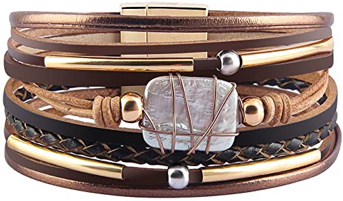 Fesciory Leopard Bracelet for Women, Boho Leather Wrap Multi-Layer Pearl Crystal Bracelet Bangle Jewelry - style: Brown Leather(Pearl)