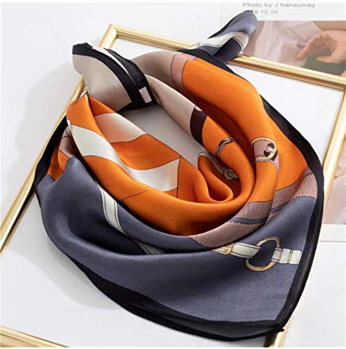 ANDANTINO 100% Mulberry Silk Scarf -21” Square Neckerchief with Gift Packed - color: Belts-orange-grayish Blue