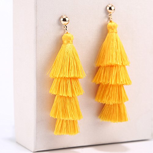 BaubleStar Tassel Earrings Handmade Tiered Thread Tassel Dangle Earrings, Multi Colors - color: Yellow