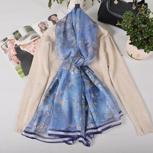 100% Mulberry Silk Women's Neck Silk Scarf-Lightweight Shawl,FLoral Print Beach Silk Wrap-Scarves for Photography - color: Smoky Blue