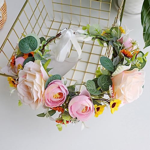 Vivivalue Floral Crown Bridal Flower Headband Hair Wreath Floral Headpiece Halo Boho with Ribbon Wedding Party Festival Photos - color: 5