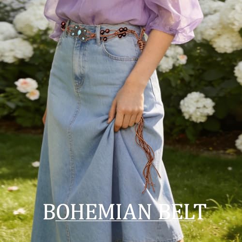Boho Flower Wooden Bead Waist Belt, Vintage Woven Body Chain, Adjustable Cord Jewelry for Jeans Dress & Beach Wear - color: Blue2