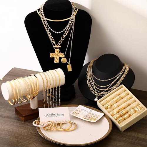 FAXHION 68 Pcs Gold Jewelry Set for Women with 7 Necklace, 17 Bracelet, 5 Hoop Earrings, 15 Stud Earrings, 24 Knuckle Rings for Women Jewelry Set for Women Gift - color: chunky jewelry pack