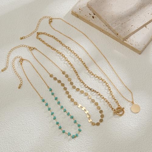 Layered Boho Necklace for Women Turquoise Stackable Sequin Coin Pendant Necklace Charm Toggle Clasp Beaded Chain Beach Prom Dresses Accessories - color: Gold-Round